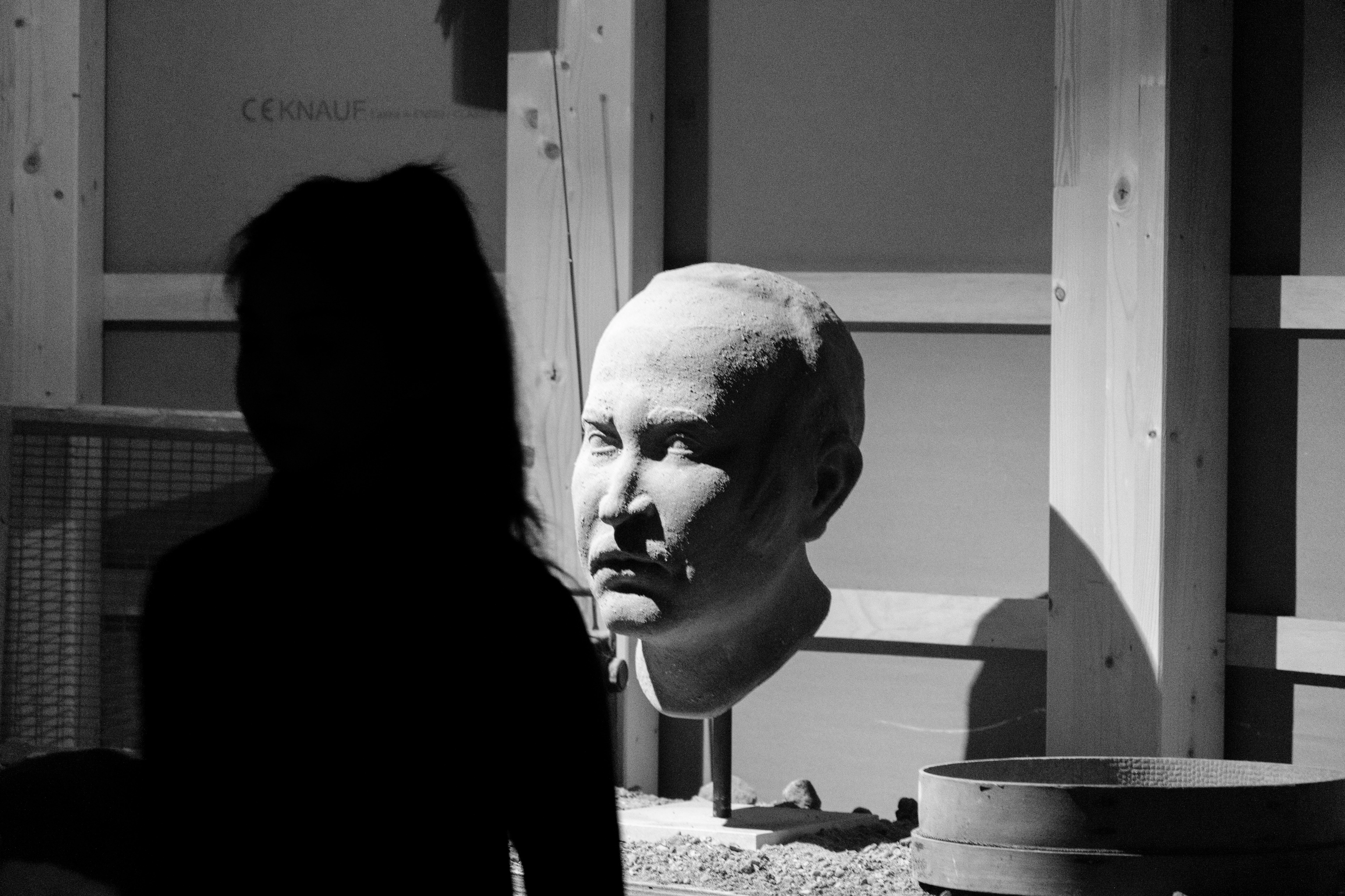 70mm · f/4 · 1/25s · ISO 6400
FUJIFILM X-T5 · XF70-300mmF4-5.6 R LM OIS WR · Oct 18, 2024
Dark silhouette facing a brightly lit sculpted head.
Venice, Italy
© Brandon Cook